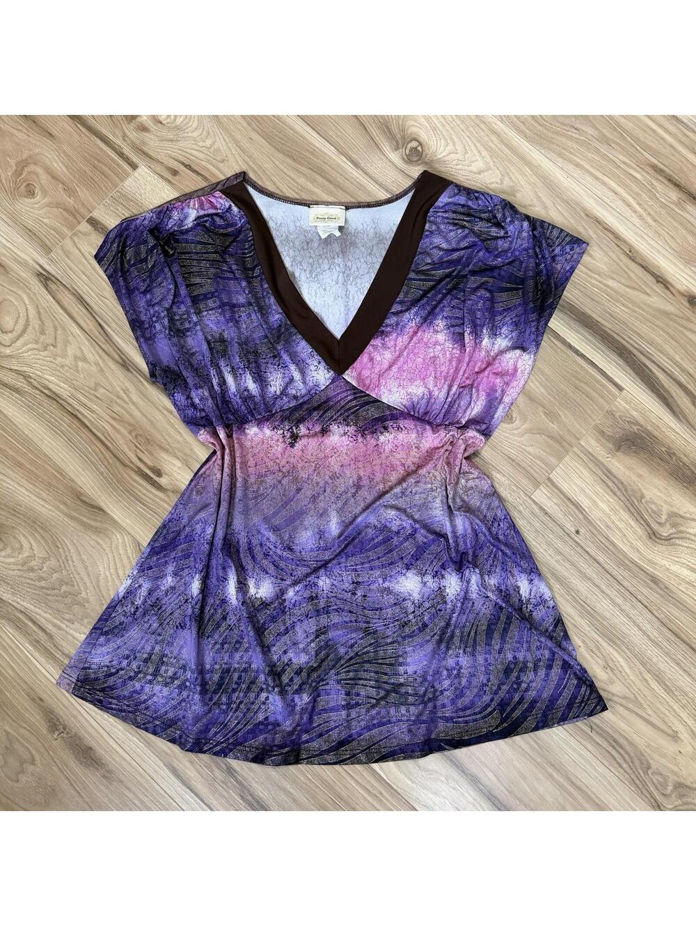 Pretty Good Purple Abstract Print Mesh Overlay Babydoll Top Empire Waist Size L